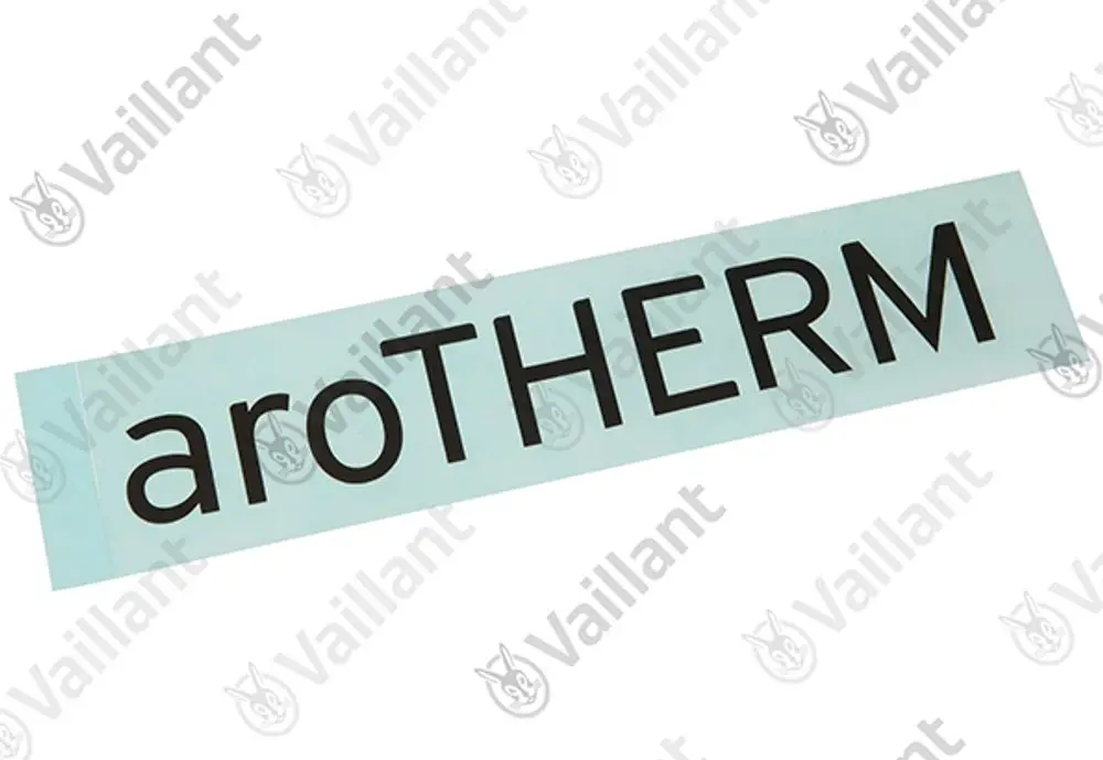 Vaillant Firmenschild mit der Aufschrift "aroTHERM" in schwarzer Schrift auf transparentem Hintergrund, geeignet zur Kennzeichnung von Geräten oder Anlagen.